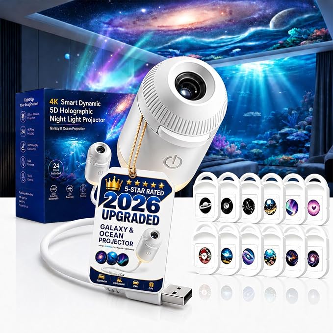 2026 Upgraded Hd Smart Dynamic 5D Holographic Night Light Projector with 24 Films, Plug and Play HD Star Projector, 360° Adjustable Galaxy and Ocean Star Projector, USB Powered (12 Projection Films)