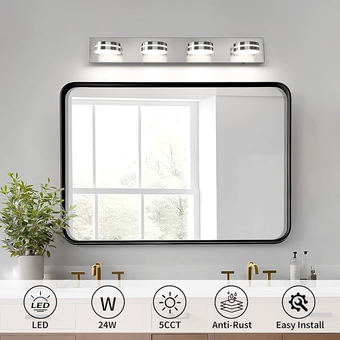 LED Modern Bathroom Lights Fixtures 4 Light 30in Brushed Nickel | Vanity Lights for Bathroom Over Mirror with Metal Acrylic, 5CCT Lighting Modes Dimmable 360°Rotate, for Dressing Room Cabinet