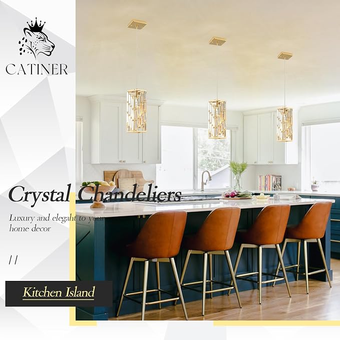 CATINER Gold Crystal Pendant Light, Mini Hanging Light, E26 | Gold crystal pendant light with adjustable 59" cord, E26 base, dimmable, ideal for kitchen island lighting