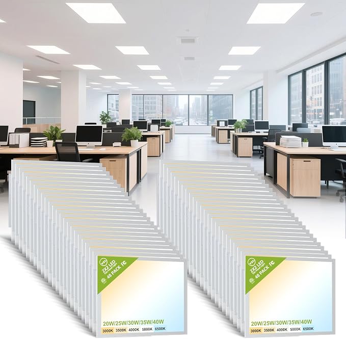 YXL 48 Pack 2x2 LED Flat Panel Light Drop Ceiling Light Fixture, 5200LM, 5CCT LED Drop Ceiling Office Light, 40W/35W/30W/25W/20W Selectable,6500K/5000K/4000K/3500K/3000K,Dimmable 0-10V,ETL