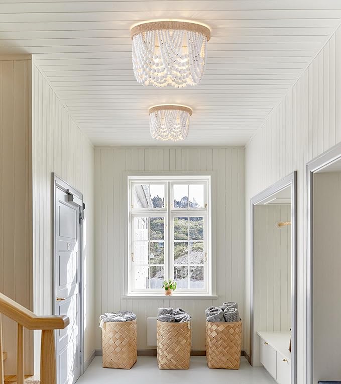 AMZASA White Boho Wood Beaded with Hemp Rope Flush Mount Ceiling Light Farmhouse Small Chandelier Light Fixture for Bedroom Hallway Entryway Closet Kitchen Dining Room Living Room Nursery