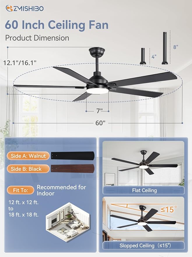 ZMISHIBO 60" Ceiling Fans with Lights and Remote, Black Modern for Indoor | Large Size, 3CCT, Downrod Mount, Farmhouse Dual Finish Blades, Quiet&Strong Motor, Memory Function for Bedroom, Living Room