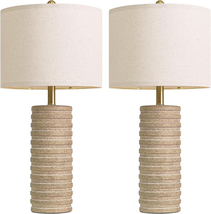 PoKat 27'' Farmhouse Table Lamps Set of 2 for Living Room, Stone Like | Bedside lamp for bedroom, boho and distressed style, hand-textured ceramic design, tall lamp decor for sideboard & entryway