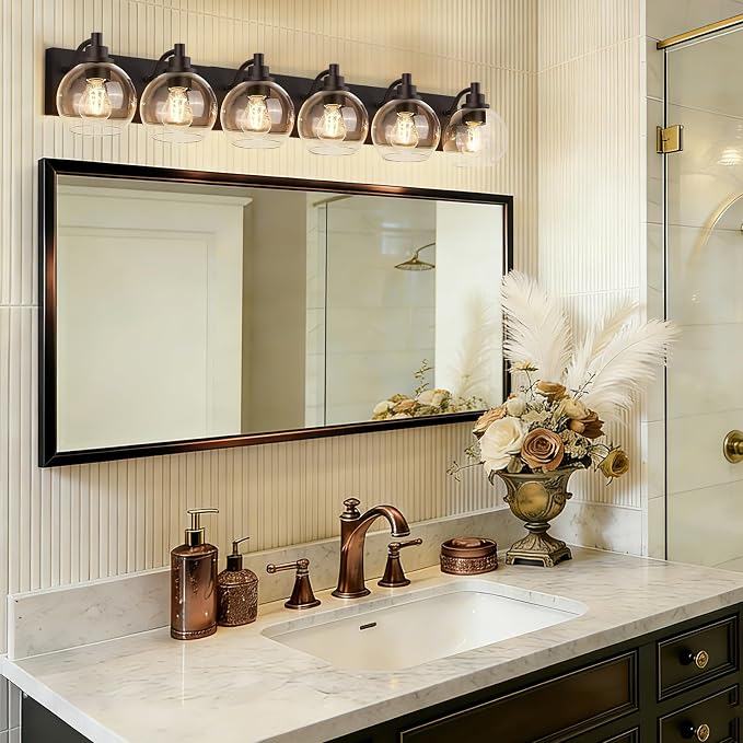 IZORRO Bathroom Light Fixtures, 6-Light Oil Rubbed Bronze Vanity Light, Modern Wall Sconces with Globe Clear Glass Shade, Vanity Lighting Fixtures Over Mirror,E26 Bulb Socket
