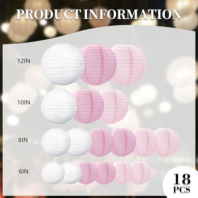 20Pcs Pink Light Pink White Paper Lanterns for Parties, 6” 8” 10” 12” Chinese Asian Hanging Round Paper Lanterns for Birthday Wedding Halloween Christmas Home Decor Party Decor