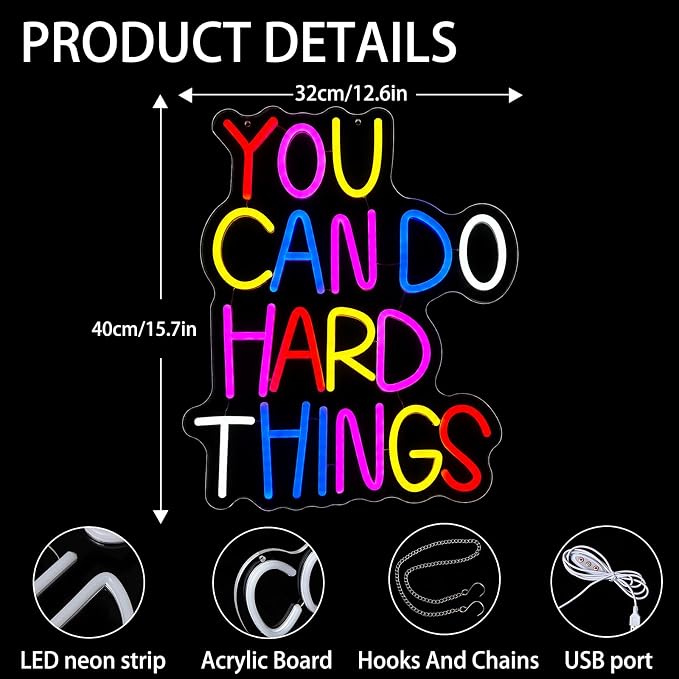 You Can Do Hard Things Neon Sign for Wall Decor Positive Inspirational Neon Light USB Dimmable Classroom Office Library LED Light Up Sign for Bedroom Birthday Party Classroom Decoration