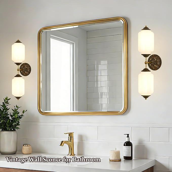 Vintage Milk Glass Bathroom Wall Sconce - Mid Century Dimmable Vanity Light | 25 in,Vertical or Horizontal Mounted,Antique Brass Gold Lighting Fixture for Bedroom Hallway Decor,E12 Bulb×2 Included