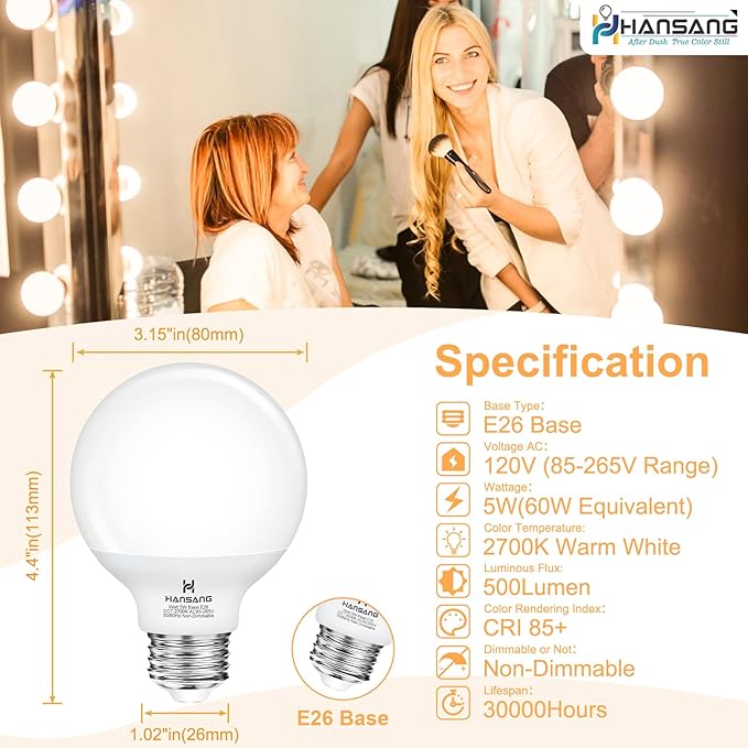 hansang G25 Vanity Light Bulb 2700K Warm White 8 Pack, LED Globe Light Bulbs for Bathroom Vanity Mirror,E26 Medium Screw Base,5W 60W Incandescent Equivalent,500 Lumen,Non-dimmable