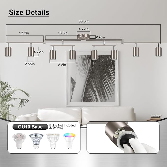 AUQUEE 8 Light Track Lighting Fixtures Ceiling, Brushed Nickel Kichen Track Lighting Fixtures, Rotatable Light Heads, Adjustable Modern LED Track Lights for Kitchen/Hallway, No GU10 Bulb