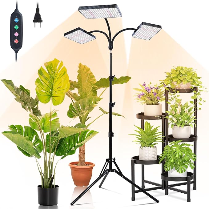 3Head Grow Light with Stand, 75 Watt Bright Enough and Big Coverage, Natural Sunlight Full Spectrum Plant Growing Lamps for Tall&Large Indoor Plants, Bonsai Tree, 4/8/12/16/20H 5-Mode Timer