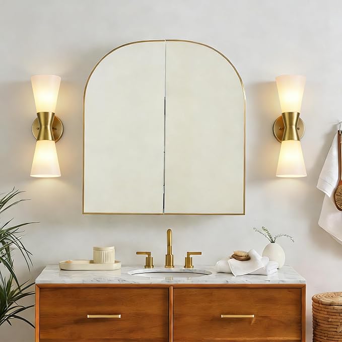 Wall Sconces Set of 2 for Bathroom, Modern Indoor Vanity Light Fixtures 15", Up Down Lighting, Wall Mount Lamp for Living Room Bedroom Hallway Stairway Fireplace Mirror E26 Base 2PC White&Gold