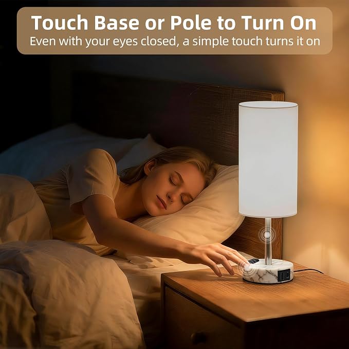Table Lamp for Nightstand, High-Sensitivity Touch, 3-Level Dimmable Bedside Lamp with AC Outlet | USB | and USB-C, Ideal Night Stand Lamp for Bedroom (1, White&Marble)