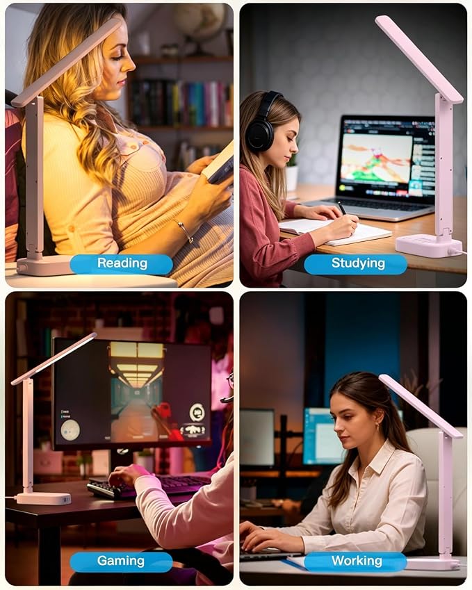LED Desk Lamp, Power Strip with 4 USB 3 Outlets, Dorm Room Essentials, Pink | One Beat 4 Modes 5 Level Brightness Touch Lamp, Small Desk Lamp for Home Office College Dorm Essentials, Study Reading Light