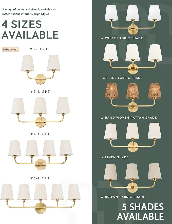4-Light Brushed Gold Bathroom Vanity Light with Linen Fabric Shade | 28 Inch gold bathroom light fixture over mirror, UL listed, E26 bulbs, hardwired, upward only, VL837-BG-A-4