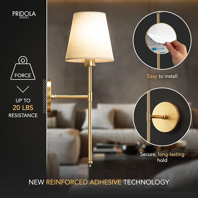 Set of 2 Wireless Wall Sconces – Stick-On or Screw Mount - Rechargeable LED Bulbs, Remote Controlled, Adjustable Brightness & Warmth, Easy Installation, Living Room Wall Decor (Gold)