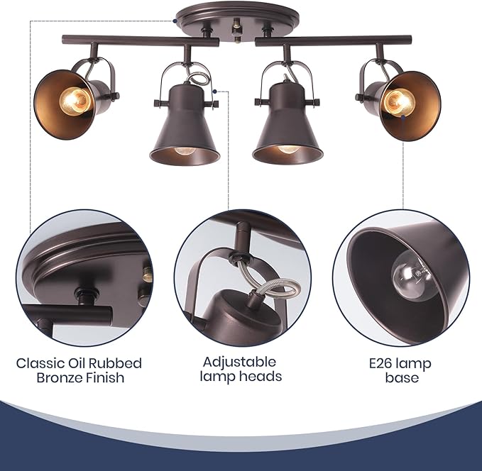 SEEBLEN 4-Light Brown Track Lighting Fixtures Ceiling, Directional Ceiling Spotlight with 4 Rotatable Heads, Modern Industrial Flush Mount Ceiling Light for Kitchen Island, Dining Room, Hallway