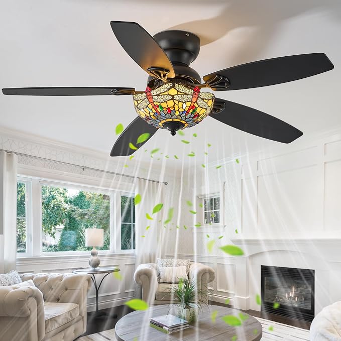 Tiffany Ceiling Fans with Lights-48"Ceiling Fan Chandelier and Glass Shade | 48" Ceiling Fan Chandelier with 5 Dual-Blades and Glass Shade, 6 Speeds and Reversible, Indoor and Outdoor, Retro Style