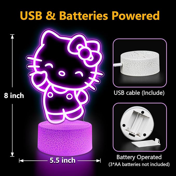 Cute Night Light for Kids - Anime Charater Kitty Cat Decor Lamp with 16 Colors Change, Remote, Dim Control, 3D Illusion LED Night Lights for Kids Gifts Party Birthday Decoration