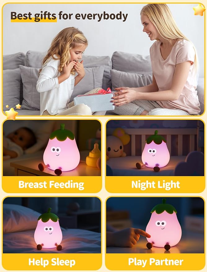 Eggplant Night Light for Kids, Cute Squishy Silicone Lamp, Rechargeable LED Nightlight, 3-Level Dimmable Bedside Lamp for Bedroom Kids Room Decor, Boys and Girls Gifts