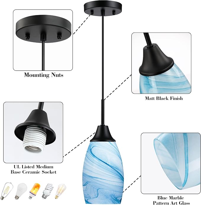 Viinew Mini Glass Pendant Light,4.72" Blue Marble Glass Pendant Lights | Handblown Blue Marble Oval Art Glass Lamp Ceiling Hanging Light 1-Pack Small Chandelier for Dining Room Kitchen