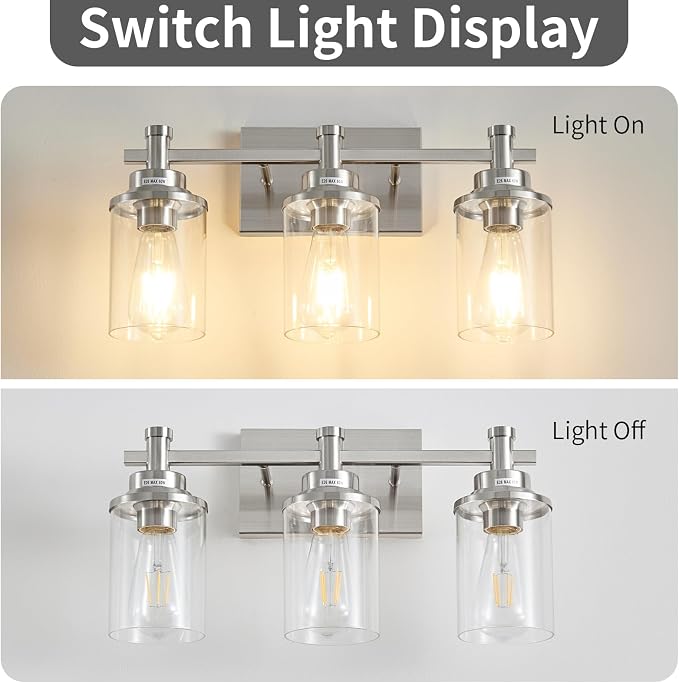 Brushed Nickel 3-Light Vanity Lights with Clear Glass Shade, Modern Bathroom Vanity Light Over Mirror, Kitchen Bedroom Hallway Cabinet Wall Lamp