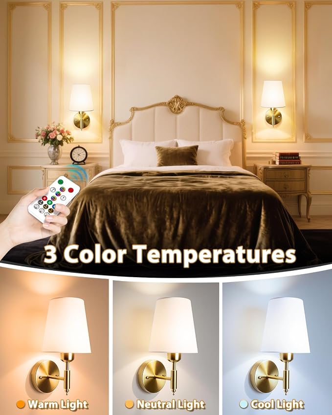 Adetu Battery Operated Wall Sconces Set of 2, Gold Rechargeable Wall Lights | 10000mAh RGB Rechargeable Magnetic Bulb, 5%-100% Dimmable, Battery Wall Sconce for Bedroom Wall Decor