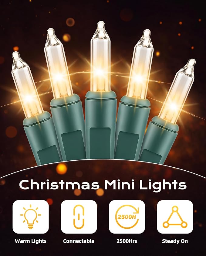 Brightown Clear Christmas String Lights, 200-Count 50ft Incandescent Bulb Mini Lights for Indoor Holiday Decor, Christmas Tree Garland Wedding Party Multi-Use Festival Decoration, Green Wire