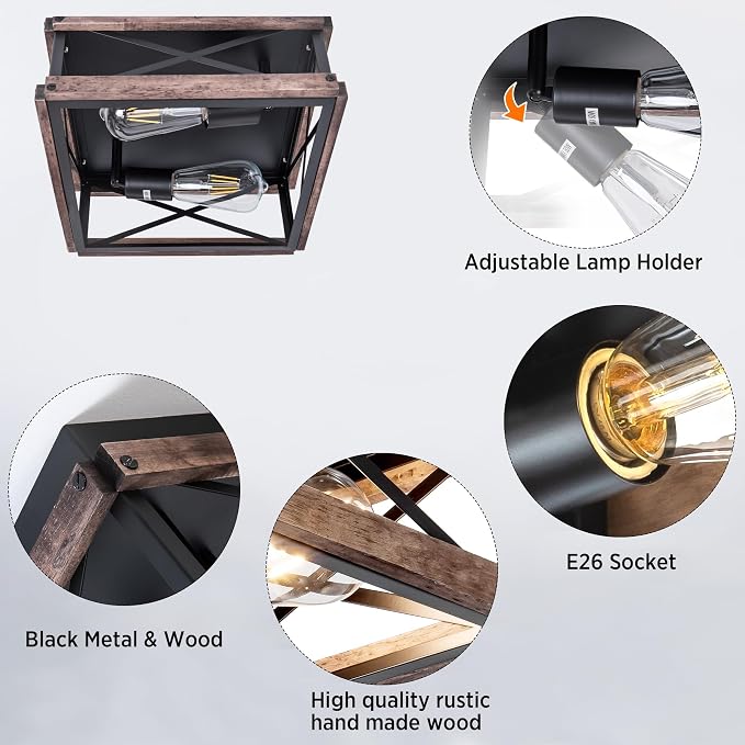MAYNA 2-Light Industrial Ceiling Light Fixtures, Farmhouse Flush Mount Ceiling Light, Metal and Wood Square Dining Room Light Fixture for Hallway Bedroom Balcony Farmhouse,Black