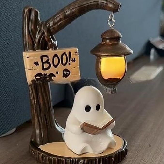 Halloween Ghost Figurine Statue Cute Ghost Reading Book Lamp Designs 3D Unique Night Light Gifts Tabletop Ornament Decoration Cartoon Resin Sculpture for Holiday Decor Supplies