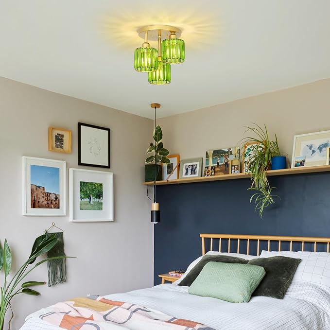 PAUFUL Green Crystal Close to Ceiling Light Fixtures,3-Light Modern Semi Flush Mount Ceiling Light,Kitchen Light Fixture with Crystal Shades,Hallway Lighting Fixture for Entryway Bedroom Bathroom