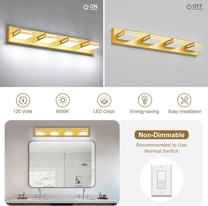 LED Modern Bathroom Light Fixtures, 4-Light 30-Inch Gold Vanity Lights for Bathroom Lighting Fixtures Over Mirror, 6000K Cool White 350° Rotatable Wall Lamp