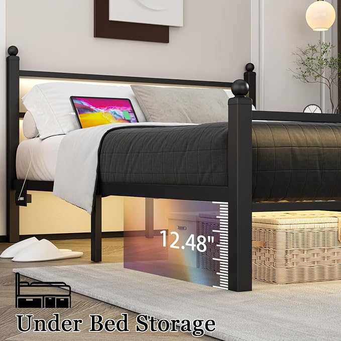 Jenmit Full Size Bed Frame with Charging Station & LED Lights, Metal Platform Bed Frame with Headboard and Footboard, Storage Space Under Bed, No Box Spring Needed, Noise Free, Easy Assembly, Black