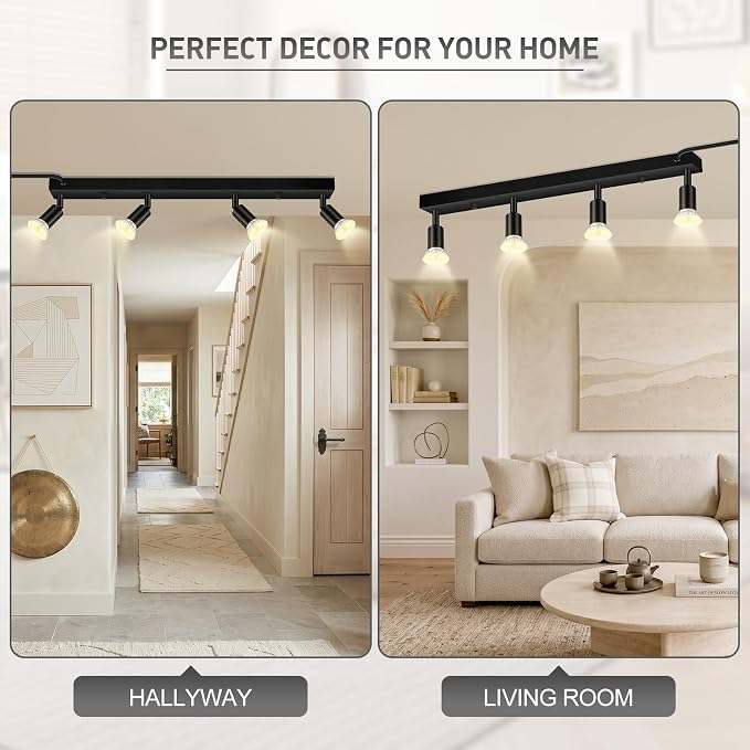 AUQUEE Plug in Track Light, 23", Black, 4 Way GU10 Wall Spotlight | Track Ceiling Lighting Fixtures, Rotatable Track Head, LED Wall Light for Kitchen Cabinet Gallery Bar Hallway Living Room