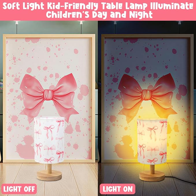 Bow Kids Table Lamp for Bedroom Kids Bedside Lamp with Linen Wooden Nightstand Cartoon Nursery Lampshade for Girls Room Pink Bow Decor