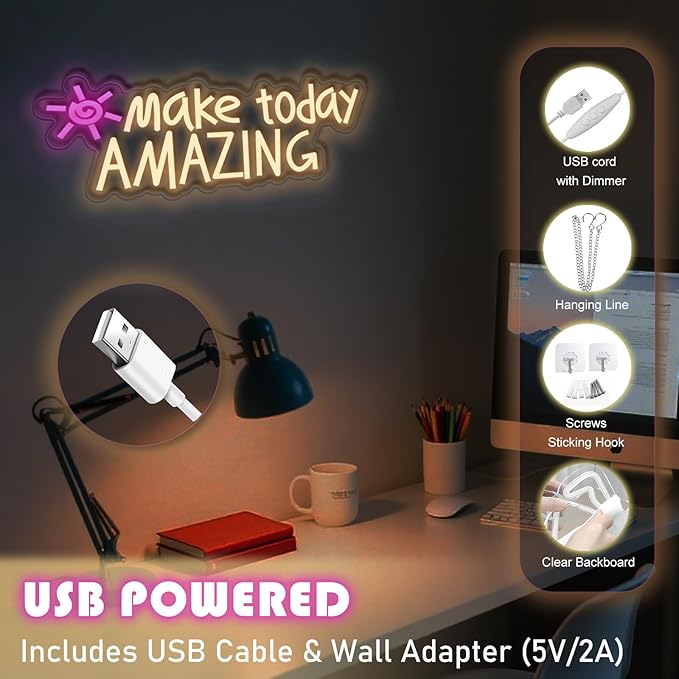 Make today Amazing neon sign, suitable for classroom wall decoration, back-to-school season, graduation season, student gifts. Dimmable, USB powered, pink heart-shaped inspirational neon light.