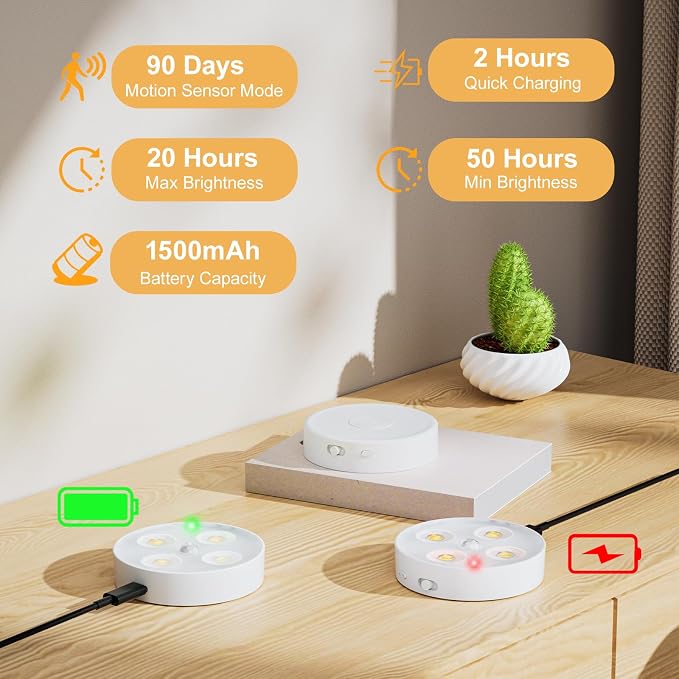 Under Cabinet Lighting, 1500mAh Rechargeable Motion Sensor Puck Lights with Remote, 3 Color Temper, Magnetic Stick on Light, Dimmable Under Counter Lights for Kitchen, Shelf, Closet, Stair, 6Pack