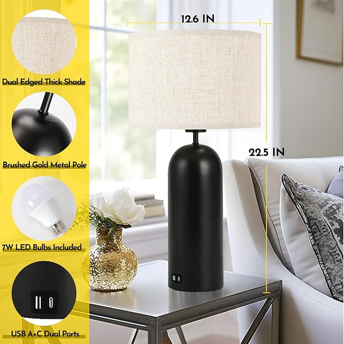 Black&Cream Table Lamps Set of 2 - 3-Way Dimmable with USB A+C Ports - Modern End Table Lamps for Living Room & Bedroom - 22inch