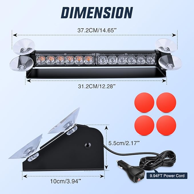 Nilight 12LED Traffic Advisor Strobe Light Bar Amber Blue Emergency Warning Hazard Safety Dash Front/Rear Windshield Flashing Lights for Cars Trucks Police Firefighter Plow Construction Vehicles