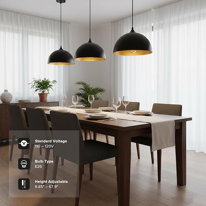 3 Pack Black Pendant Lights for Kitchen Island 11.8" Modern Pendant Lighting Fixtures Farmhouse Vintage Hanging Ceiling Light Fixture for Dining Room Foyer Hallway Bar Cafe Kitchen Sink Matte Dome