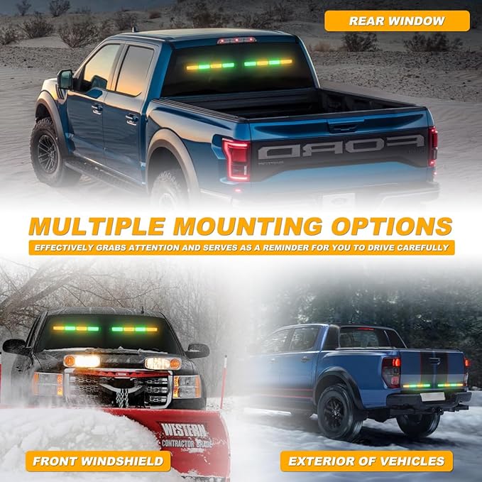 Emergency Dash Strobe Lights Warning Hazard Safety Front/Rear Interior Windshield Lights w/Suction Cups Deck Split Mount for Vehicles Trucks Volunteer Vehicles 2x17.7, Amber/Green