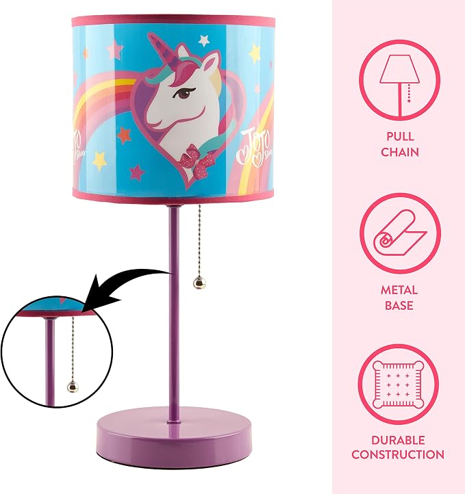 Idea Nuova JoJo Siwa Unicorn Stick Table Kids Lamp Metal with Pull Chain, Themed Printed Decorative Shade