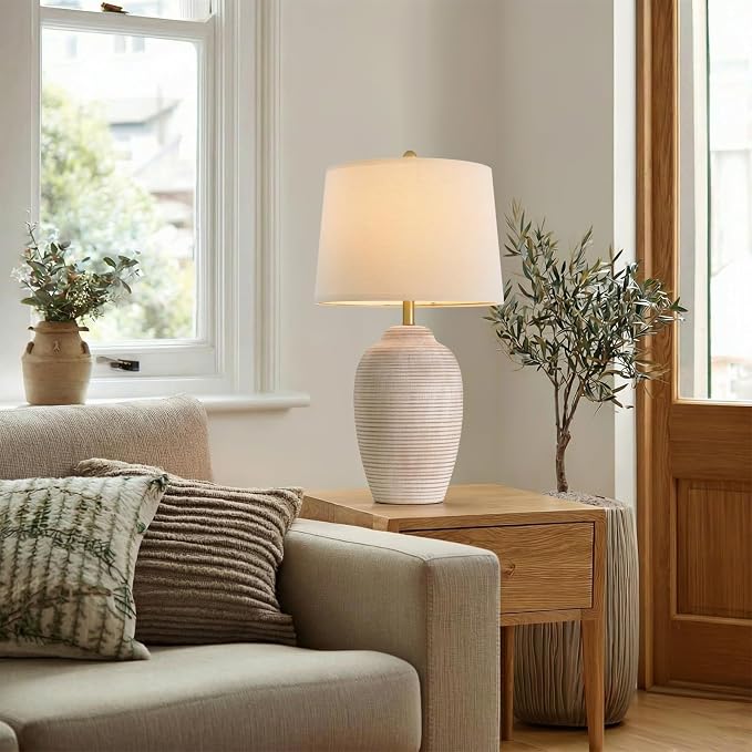 USumkky 29.5" Tall Vintage Ceramic Table Lamp with 5FT Cord - Single Large Rustic Farmhouse Bedside Lamp with Linen Shade & Natural Textured Finish, Nightstand Table Lamp for Bedroom End Table, Beige