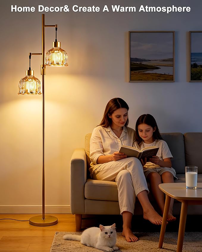 Lightdot 2- Light Gold Flower Floor Lamp, 65IN Brown Glass Floor Lamps with 3000K Warm White Bulbs, Modern Standing Tall Lamp for Living Room Bedroom Home Office Corner Sofa Beside