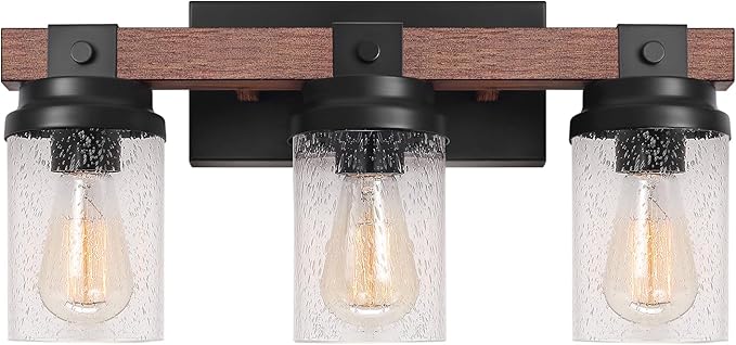 3-Light Farmhouse Vanity Lights Bathroom Lighting Fixtures Over Mirror | Faux Wood Rustic Wall Mount Light with Clear Seeded Glass Shade,Industrial Black Metal Wall Sconces for Bathroom Living Room