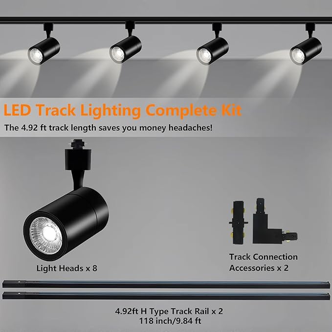 H Type LED Track Lighting Kit, Track Lighting 8 Heads Cool Light 6000K 25W 2700lm High Brightness Dimmable Track Lighting System with 9.8ft Track Rail,Adjustable Angle Light Heads