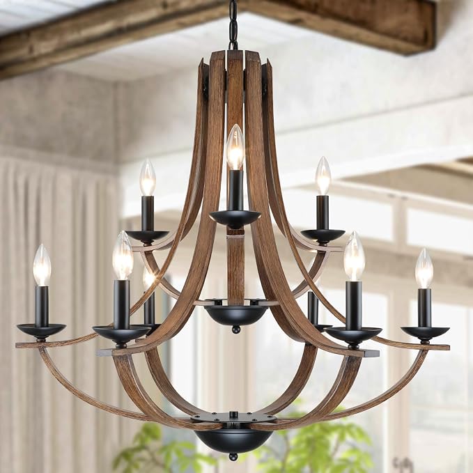 LAMPKEDUO Farmhouse Chandeliers for Dining Room Light Fixture,2 Tier 9-Light 31" Adjustable Height Retro Faux Wood Texture Rustic Light Fixtures for Living Room Bedroom Foyer Entryway