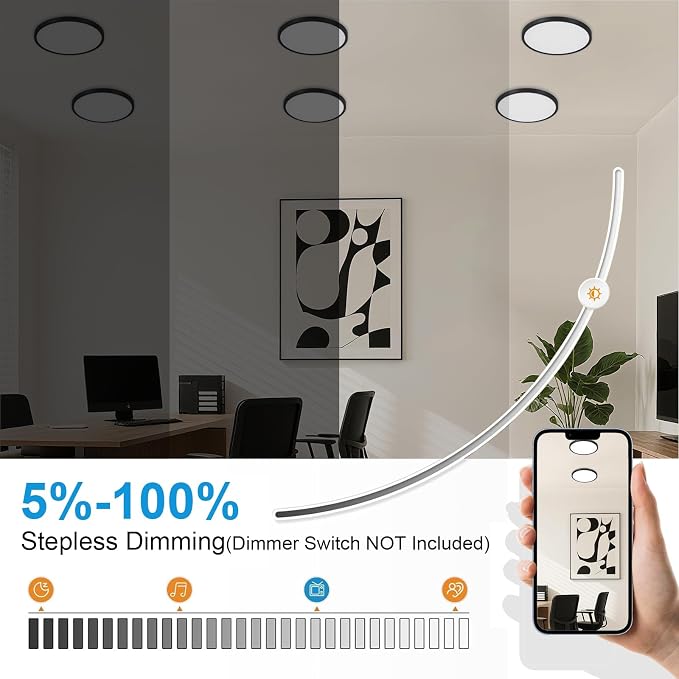 6Pack LED Flush Mount Ceiling Light: 12 inch Super Slim Dimmable & 5CCT (2700-6000K) Kitchen Lighting Fixtures Ceiling - 24W Black Low Profile Ceiling Lamp for Bedroom Garage Hallway