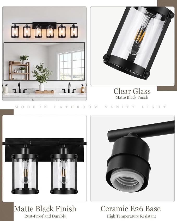 6-Light Matte Black Bathroom Light Fixtures Over Mirror with Clear Glass and Metal Cage Shade, 42" UL-Listed Modern Farmhouse Wall Sconce for Bath, Hardwire E26, OS-3014BK-6W