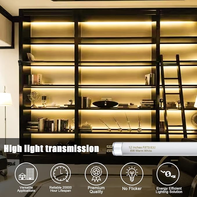 Konideke 8 Pack F8T5/WW Fluorescent Bulbs Warm White 3000K, 12 inch Under Cabinet Light Bulb, T5 8 Watt Fluorescent Tube Soft White, G5 Mini Bi 460 Lumens No Dimmable