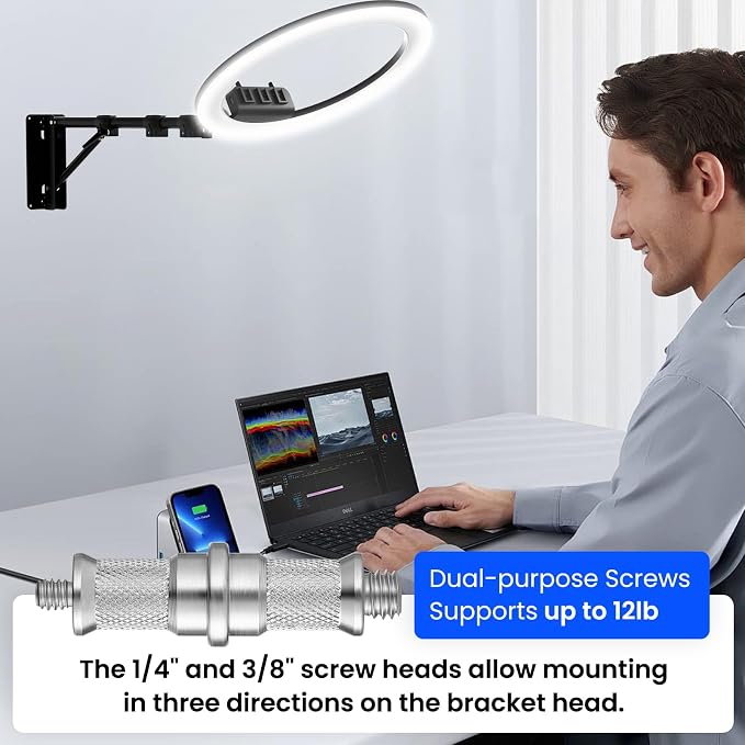 Ring Light Wall Mount with 3 Phone Holder 19", 45.7" Adjustable Boom Arm | 180° Rotatable Space-Saving Wall Mount Lighting Design for Photography, Makeup, Tattoo, Beauty Salon, Barber Studio